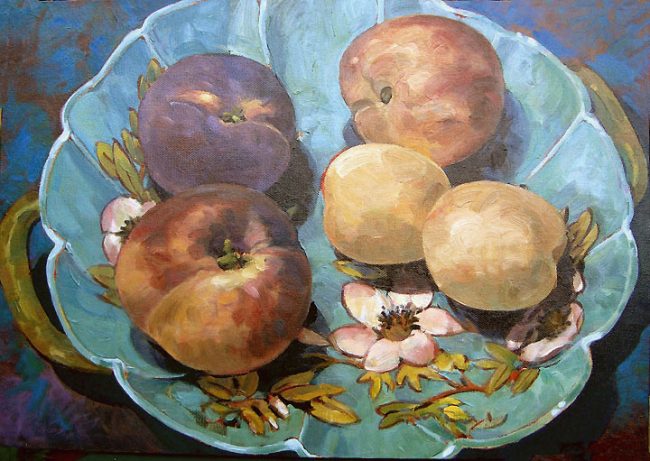 Still Life Majolica Bowl-Peachs and Apricots