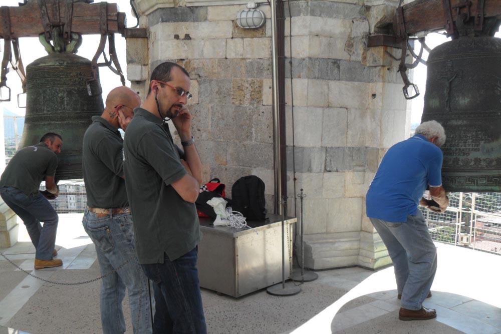 Barga bell ringers on the leaning tower of Pisa