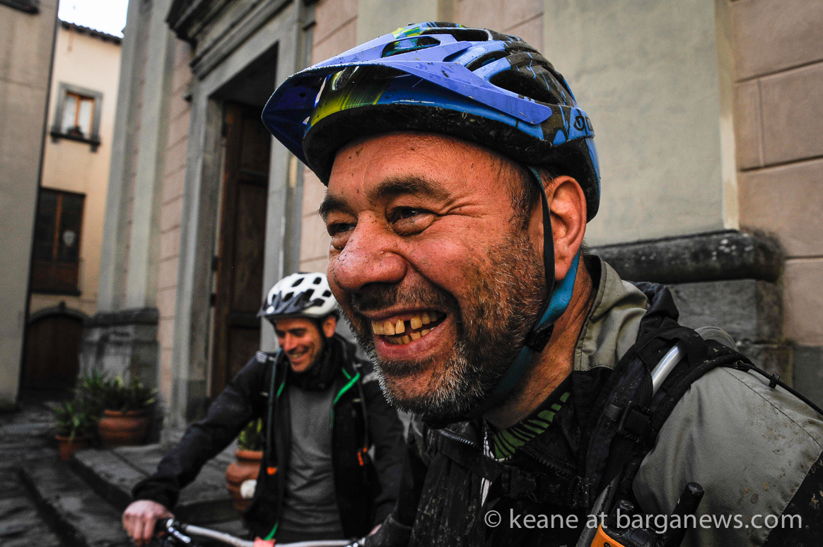 Mountain bikers braving the elements in Barga