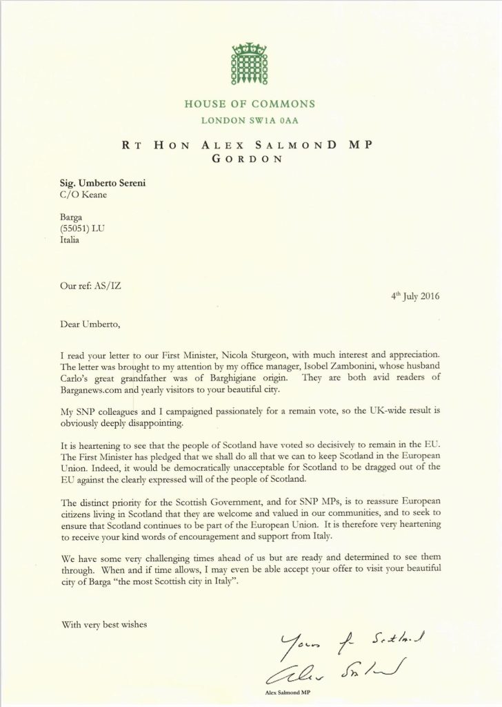 Letter to Barga from UK and Scottish Parliament