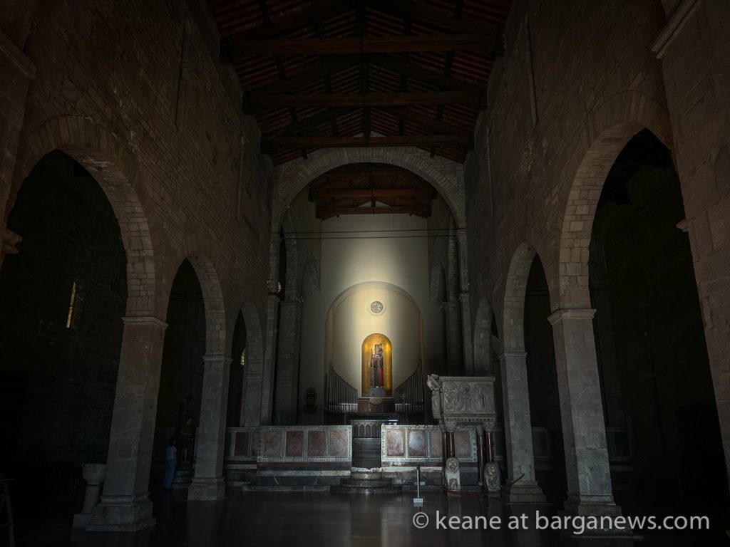 Sunlight illuminates the statue of St. Christopher