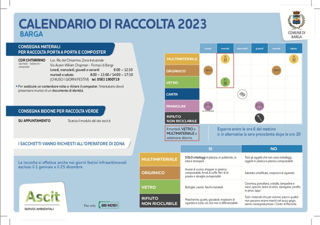 Eco calendario 2023 e info raccolta rifiuti